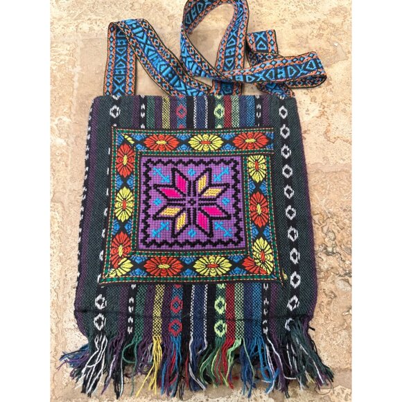Handwoven Boho Crossbody Bag With Vibrant Geometric Embroidery & Fringed Bottom - Picture 4 of 5